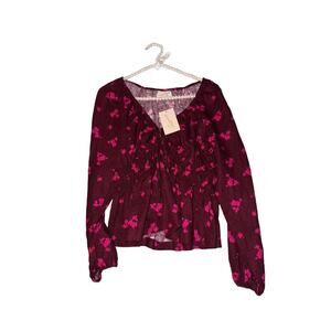 Universal thread Size Small Puff Long Sleeve Blouse Shirt Floral Pink Burgundy